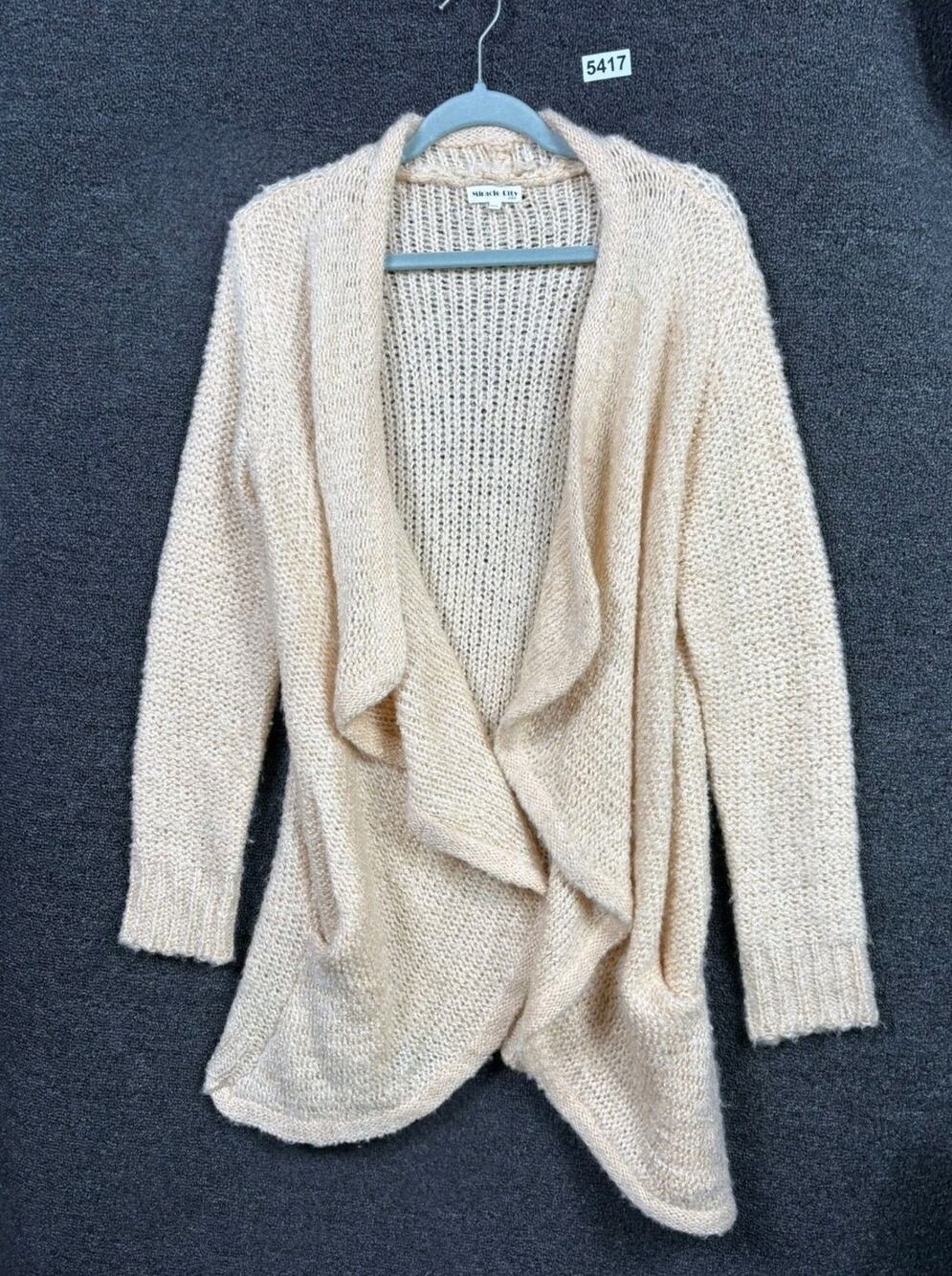 Miracle City Open Front Cardigan Sweater Womens M/L Cream Ruffle Long Sleeves